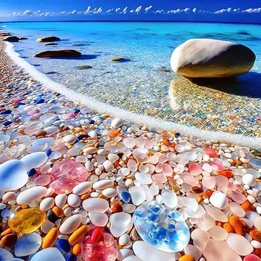 Sea glass pebbles, red glass pebbles, blue beach glass pebbles, ocean decorated by enchanting pebbles